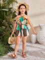 SHEIN Kids SUNSHNE Young Girl's Woven Geometric Patterned Casual Holiday Halter Romper