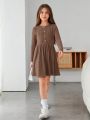 SHEIN Kids EVRYDAY Tween Girl Button Front Ribbed Knit Flared Dress