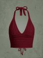 ROMWE Holiday Solid Red Knit Halter Cami Top With Strap