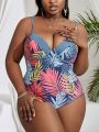 Plus Size Women's Tropical Plant Print One-Piece Swimsuit With Shoulder Straps
