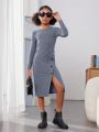 SHEIN Girls' Knit Solid Color Slim Fit Half Split Dress For Autumn And Winter