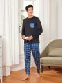 Men's Grid Pattern Long Sleeve Top And Pants Homewear Set