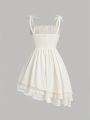 SHEIN Teenage Girls' Spaghetti Strap Dress With Pleats, Asymmetric Hemline