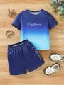 SHEIN Kids EVRYDAY Toddler Boys' Casual Gradient Printed Letter Short Sleeve T-Shirt And Shorts Set