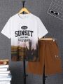 SHEIN Teen Boy's Casual Letter Printed Short Sleeve Knitted T-Shirt And Slant Pocket Woven Shorts Two-Piece Set