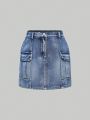 Tween Girls' Y2k Street Style Cool Heavy Washed Distressed Elastic Waist Cargo Accordion Pocket Denim Pencil Skirt