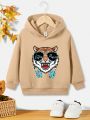 Toddler Boys' Casual Cartoon Tiger Pattern Hooded Fleece Sweatshirt, Suitable For Autumn & Winter