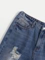 SHEIN Teen Boy Washed Look Faded Denim Jeans With Ripped Details