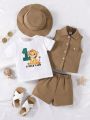 4pcs/Set Handsome Vintage Style Baby Boys' Sleeveless Vest, Round Neck T-Shirt, Loose Shorts With Big Hat For Spring And Summer