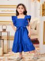 SHEIN Kids Nujoom Young Girls' Lovely Square Neck Double Layer Ruffle Sleeve Belted Midi Dress
