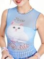 SHEINNeu Kidcore Quirky Fun Dopamine  Cat Print Tight See-Through Tank Top