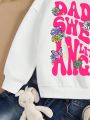 Little Girls' Casual Daisy & Slogan Print Round Neck Fleece Sweatshirt, Suitable For Autumn And Winter