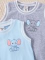 SHEIN Baby Boys' Elephant Shaped Letter Print Sleeveless Romper, 2 Colors, Homewear