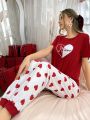 Women'S Heart Print Short Sleeve Tee And Long Pants Pajama Set