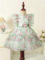 SHEIN Kids Nujoom 1pc Little Girls' Rose Printed Ruffle Sleeve Princess Dress With Tulle Overlay