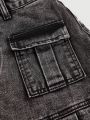 ROMWE Grunge Punk Solid Flap Pocket Raw Edge Pleated Denim Skirt