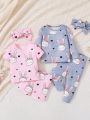 SHEIN Baby Girls' Cute Rabbit Print Bodysuit Set X 2 With 2 Hair Bands, Homewear Combination Outfits
