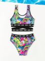 Little Girls' Bikini Swimsuit Set With Graffiti Print