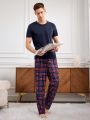 Men's Solid Color Short Sleeve T-Shirt And Plaid Long Pants Homewear Set