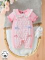 Baby Girl Pink Lace Romper With Doll Collar And Bowknot For Spring/Summer