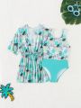 Young Girl'S One-Piece Swimsuit With Plant & Unicorn Printed Pattern