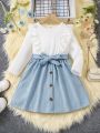 SHEIN Kids QTFun Toddler Girls' Color Block Dress With Ruffle Trimmed Waist Belt