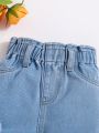 SHEIN Baby Girl's Light Blue Elastic Waist Ruffle Hem Cute Distressed Denim Skinny Jeans