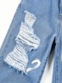 Girls' Cool Street Style Mid-washed Loose Straight Leg Jeans With Heart Pattern Printed And Big Ripped Holes