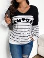 SHEIN Frenchy Plus Size Women's Striped Letter Print Sweatshirt