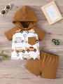 Baby Boys' Colorblock Patchwork Short Sleeve Hooded T-Shirt With Printed Pocket And Knitted Shorts, Casual And Simple Style For Spring/Summer