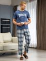 Men's Letter Print T-shirt And Plaid Long Pants Homewear Set