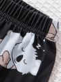 SHEIN Tween Girls' Knitted Cute Cartoon Print Tank Top With Wide-Leg Shorts Two-Piece Homewear Set