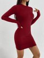 SHEIN PETITE Solid Color Slim Fit Long Sleeve Bodycon Dress
