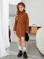 SHEIN Girls' Knitted Solid Color High Neck Loose Fit Casual Dress