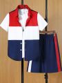 SHEIN Kids Nujoom Tween Boy's Color Block Casual Shirt And Shorts Set