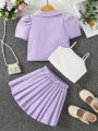 SHEIN Kids FANZEY 3pcs/Set Young Girl's Puff Short Sleeve Jacket With Bow Decoration, Camisole Top And Pleated Skirt