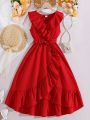 Teen Girl'S Red Wrap Belted Dress With Ruffle Hem