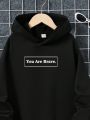 SHEIN Tween Boy Casual Printed Hoodie With Long Sleeve And Slogan Design, Suitable For Autumn And Winter
