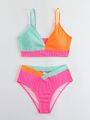 Teen Girls Multicolor Splicing Bikini Swimsuit 2pcs/Set