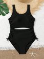 Teenage Girls' Hollow Out Waist Drawstring One-Piece Swimsuit