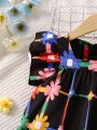 SHEIN Kids SUNSHNE Little Girls' Gingham & Floral Printed Flying Sleeve Dress