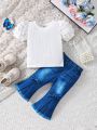 2pcs Baby Girl Bubble Short Sleeve Round Neck Top And Denim Flared Trousers Set