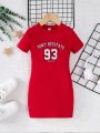 SHEIN Kids KDOMO Young Girl's Slim Fit Casual Round Neck Letter Print Dress