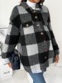 SHEIN Maternity Buffalo Plaid Print Drop Shoulder Teddy Coat