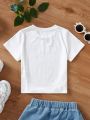 Girls' Casual Short Sleeve T-shirt With Letter Pattern, Suitable For Summer