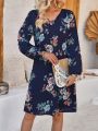 EMERY ROSE Women'S Floral Printed Lantern Sleeve Dress