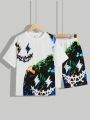 SHEIN Kids HYPEME Tween Boys' Casual Street Cool Printed Pattern Crew Neck Pullover Short Sleeve Top And Shorts Knit Two Piece Set