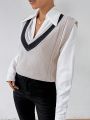 SHEIN Essnce Women'S V-Neck Color Block Knit Sweater Vest