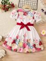 SHEIN Kids Y2Kool Little Girls' Puff Sleeve Floral Print Dress