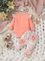 Baby Girls' Letter Printed Long Sleeve Top And Floral Printed Pants Set